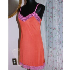 Y2K Josie Natori Orange Pink Lace Chemise Slip Dress Size S